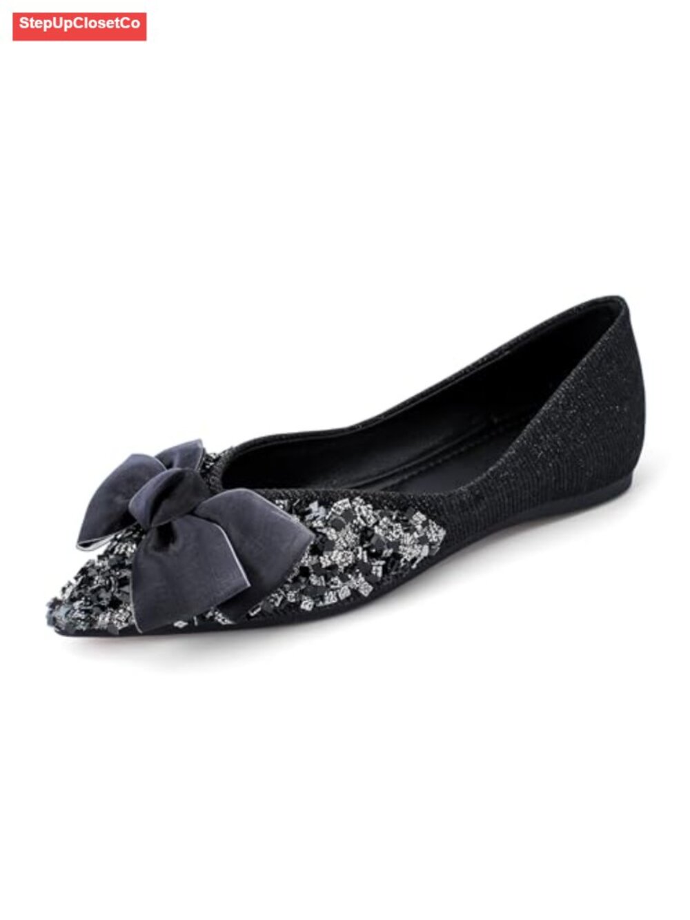 Satin Pointed Toe Flats Rhinestone Bow Memory Foam